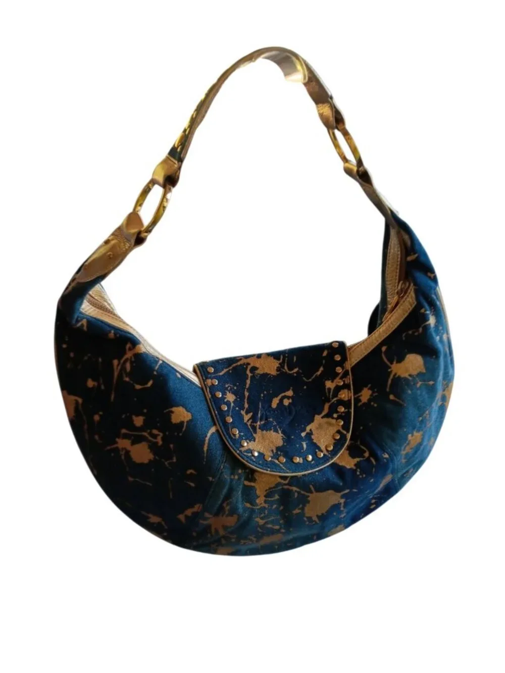 Junior Drake Hobo Sling Purse Bag Studded Denim  Urban Gold Splash Paint